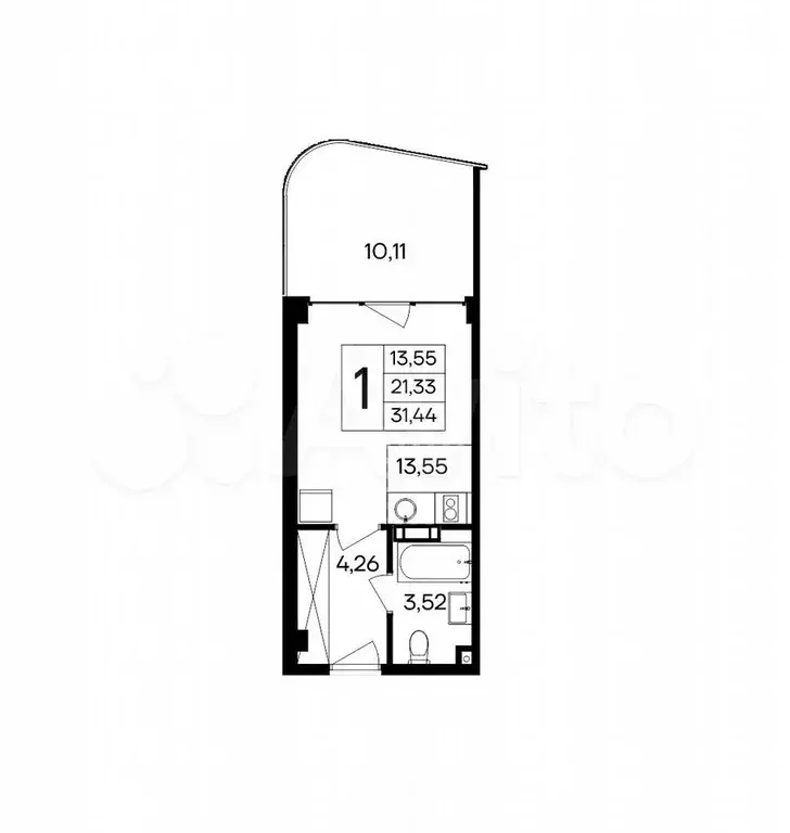 Апартаменты-студия, 31,4 м, 7/8 эт. - Фото 1