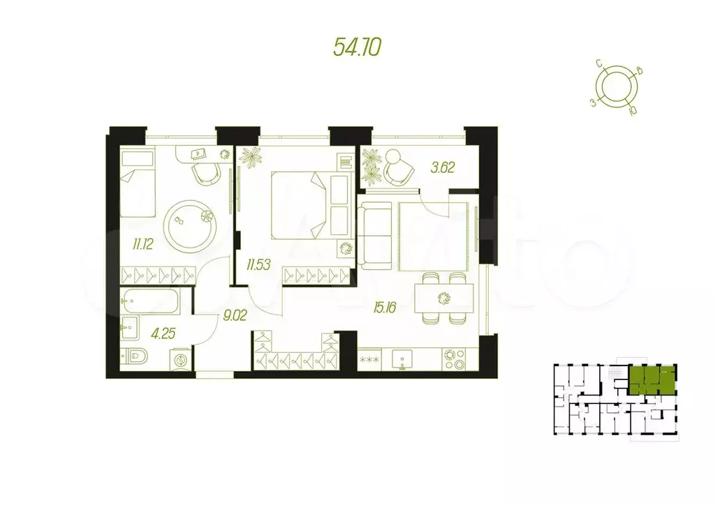 2-к. квартира, 54,7 м, 6/9 эт. - Фото 0