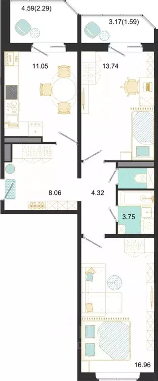 2-к кв. Московская область, Домодедово ул. Текстильщиков, 45 (61.76 м) - Фото 1