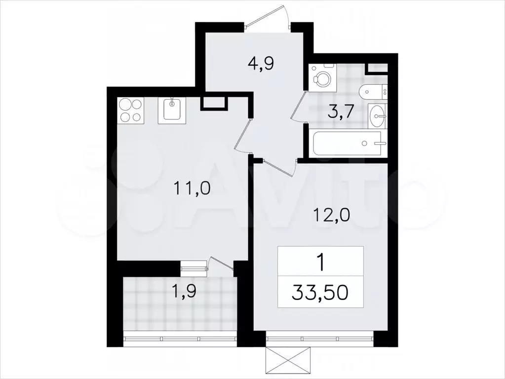 1-к. квартира, 33,5м, 7/7эт. - Фото 1