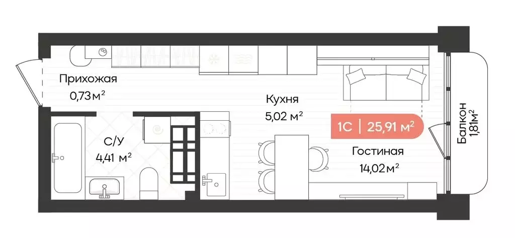 Квартира-студия: Новосибирск, Ленинградская улица, 342 (25.91 м) - Фото 0