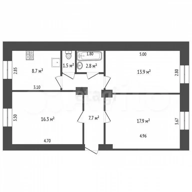 3-к. квартира, 68,8 м, 2/5 эт. - Фото 0
