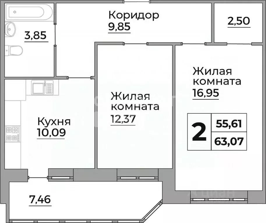 2-к кв. Калужская область, Калуга ул. Первых Коммунаров, 18 (55.3 м) - Фото 2