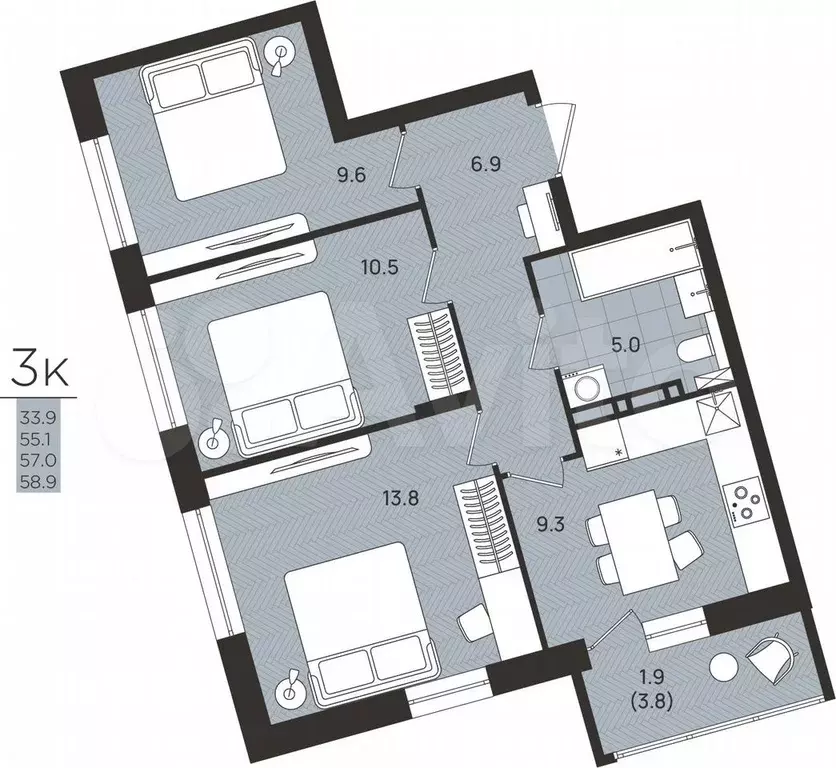 3-к. квартира, 57 м, 5/8 эт. - Фото 0