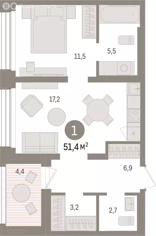 1-комнатная квартира: Тюмень, улица Муравленко, 9/2 (51.41 м) - Фото 1