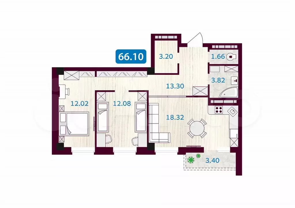 3-к. квартира, 66 м, 6/9 эт. - Фото 0