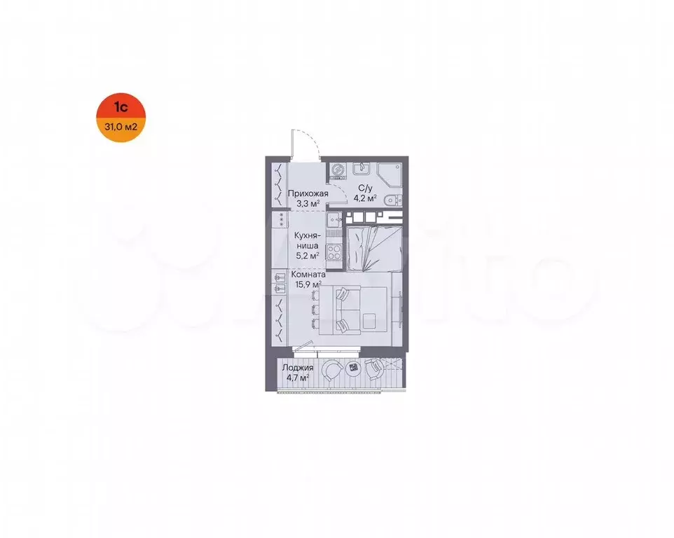 1-к. квартира, 31 м, 3/16 эт. - Фото 1