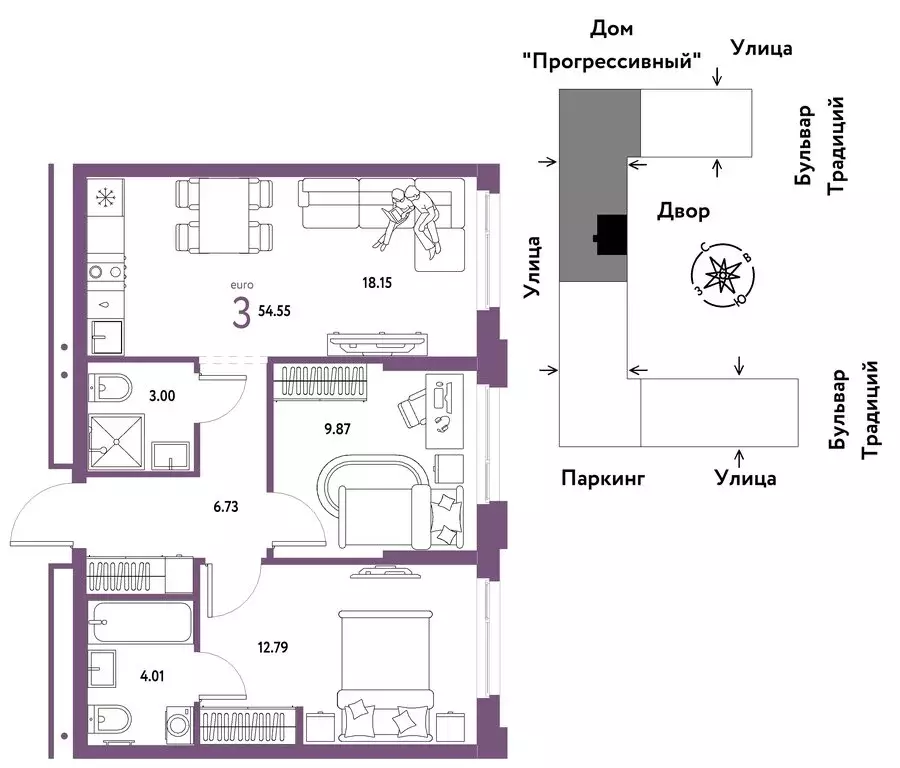 3-комнатная квартира: Тюмень, улица Восстания (54.55 м) - Фото 0