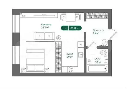 Квартира-студия, 35,8 м, 2/4 эт. - Фото 0