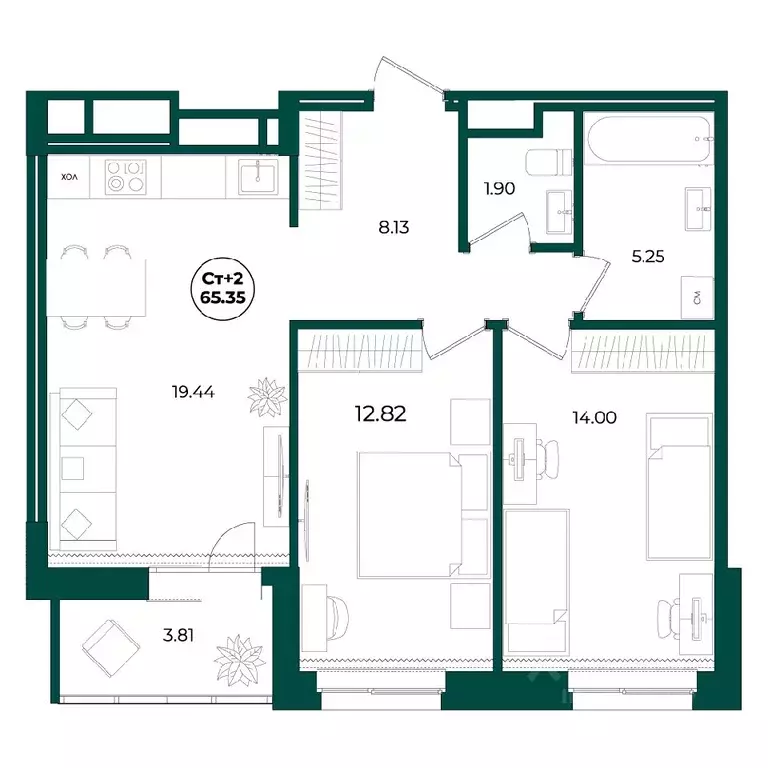 2-к кв. Ханты-Мансийский АО, Нижневартовск 22-й мкр,  (65.35 м) - Фото 0