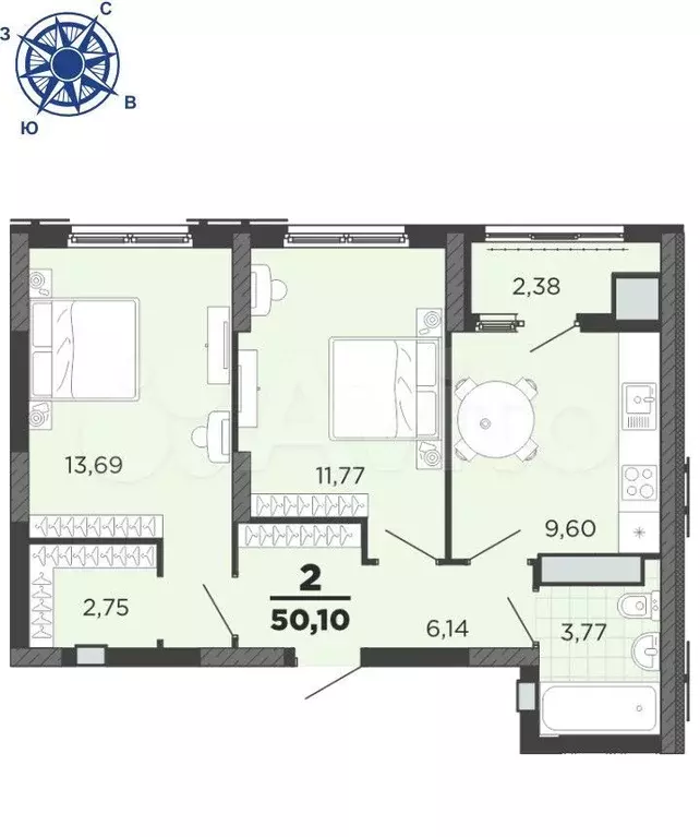 2-к. квартира, 50,1 м, 12/25 эт. - Фото 1