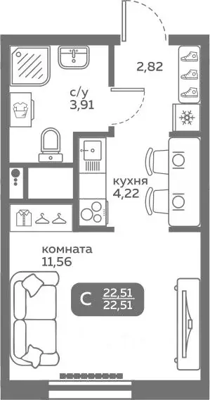 Студия Тюменская область, Тюмень ул. Вадима Бованенко, 10 (22.51 м) - Фото 0