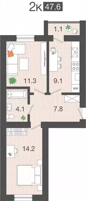 2-к. квартира, 47,6 м, 3/4 эт. - Фото 1