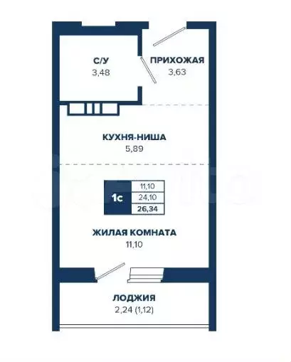 Квартира-студия, 26,3 м, 2/17 эт. - Фото 0
