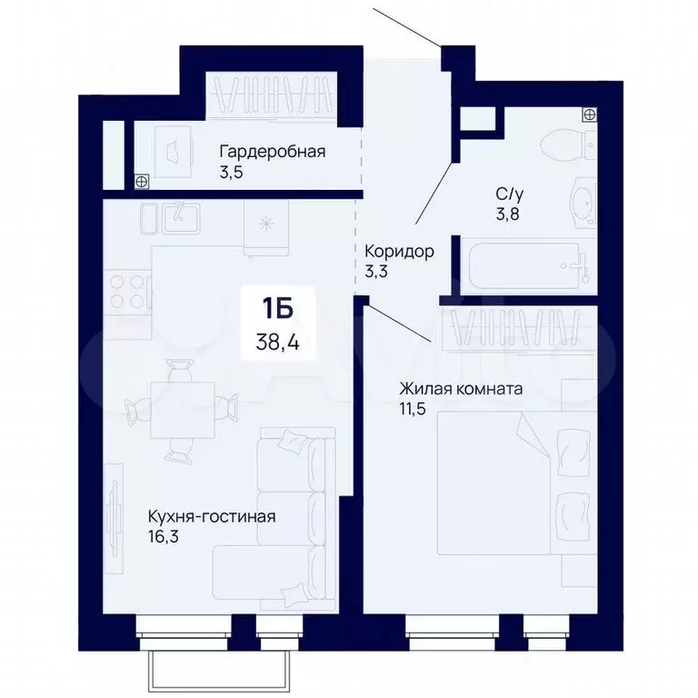 1-к. квартира, 38,4 м, 5/18 эт. - Фото 0