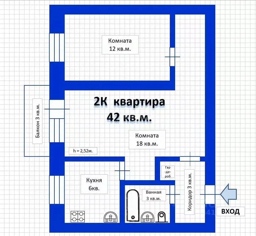 2-к кв. Татарстан, Казань Ново-Азинская ул., 35 (42.0 м) - Фото 1