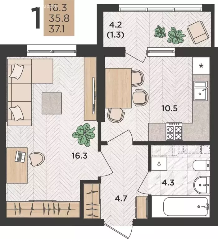 1-комнатная квартира: Цемдолина, улица Ф.Я. Бурсака, 82 (37.1 м) - Фото 0