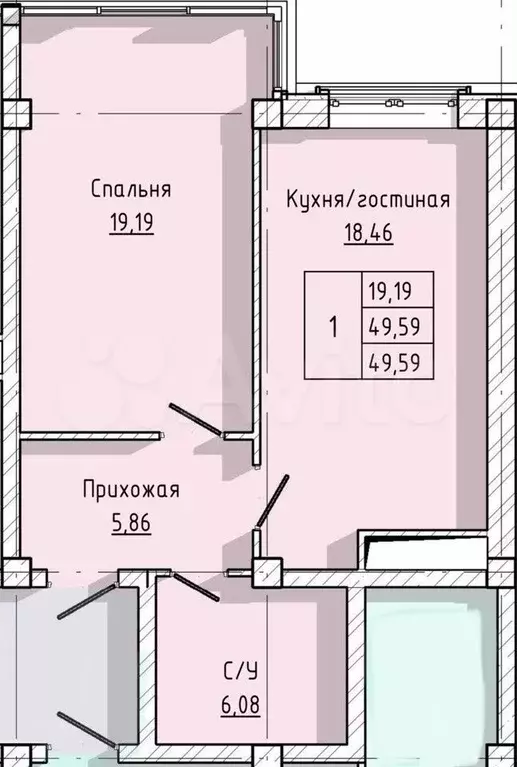 1-к. квартира, 49,6 м, 5/9 эт. - Фото 1