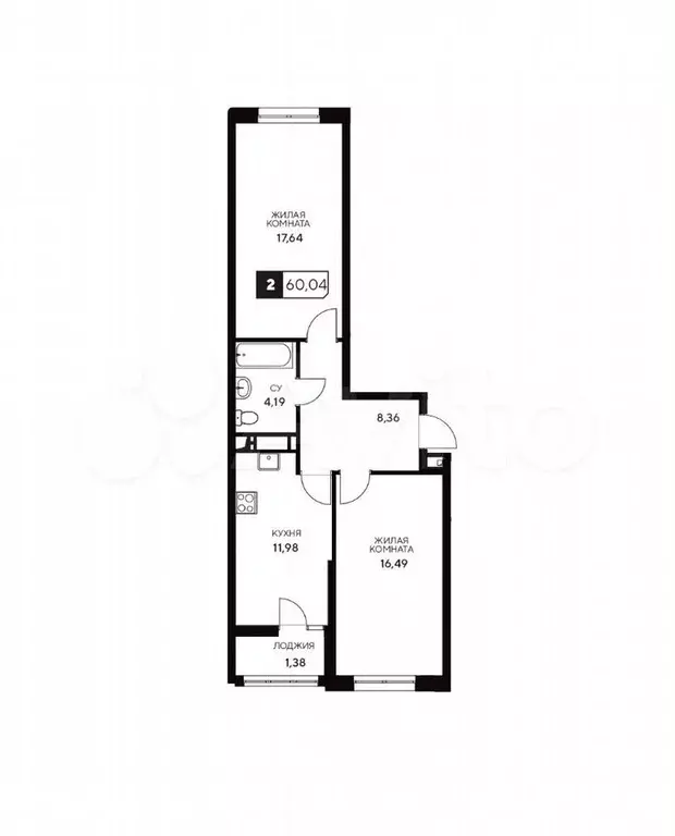 2-к. квартира, 60 м, 13/20 эт. - Фото 1