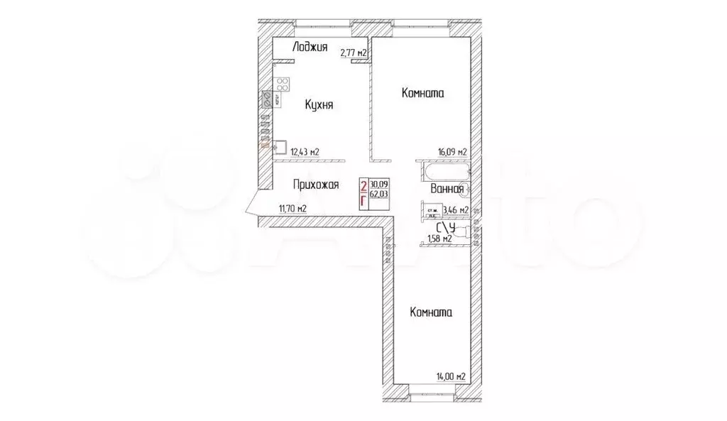 2-к. квартира, 62 м, 4/4 эт. - Фото 0