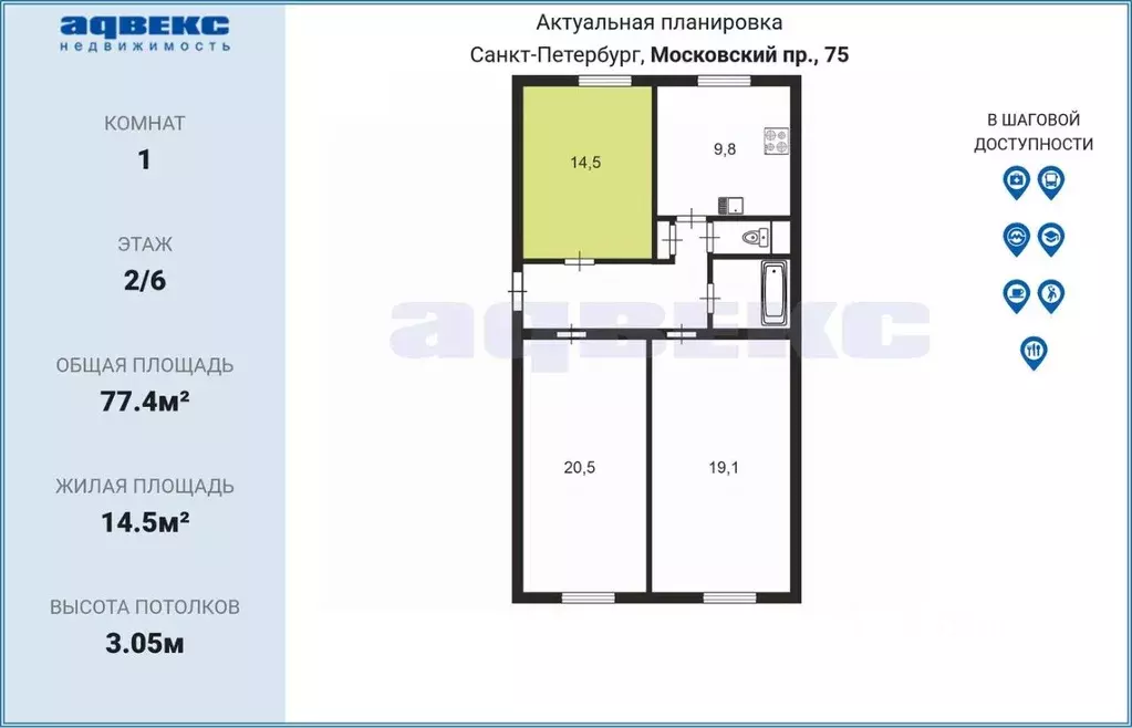 Комната Санкт-Петербург Московский просп., 75 (14.5 м) - Фото 1