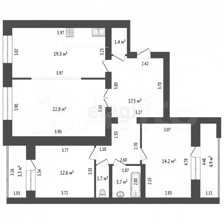 3-к. квартира, 97,2 м, 2/5 эт. - Фото 1