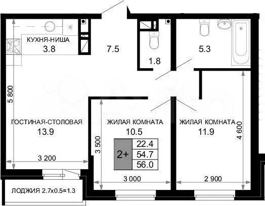 3-к. квартира, 56 м, 5/16 эт. - Фото 1