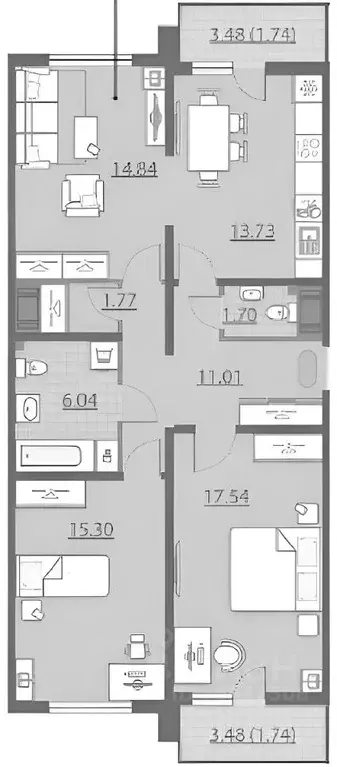 3-к кв. Санкт-Петербург ул. Лидии Зверевой, 5к1 (86.89 м) - Фото 2