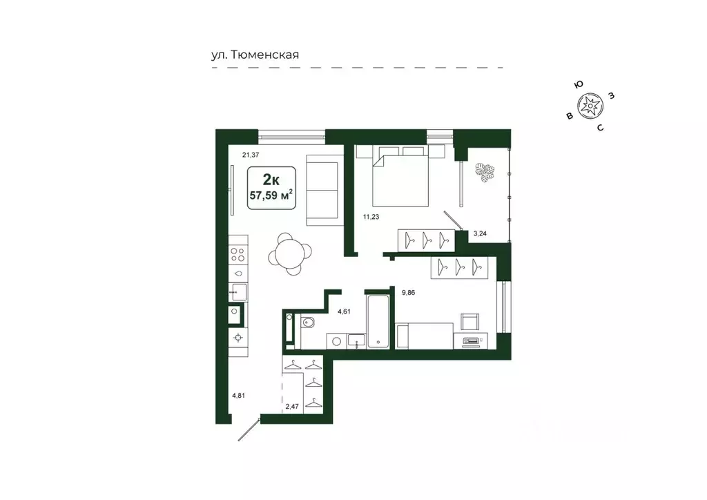 2-к кв. Тюменская область, Тюменский район, д. Дударева Родина-2 жилой ... - Фото 1