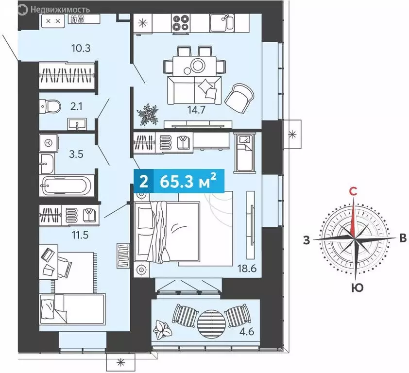 2-комнатная квартира: Засечное, микрорайон Город Спутник (65.3 м) - Фото 1