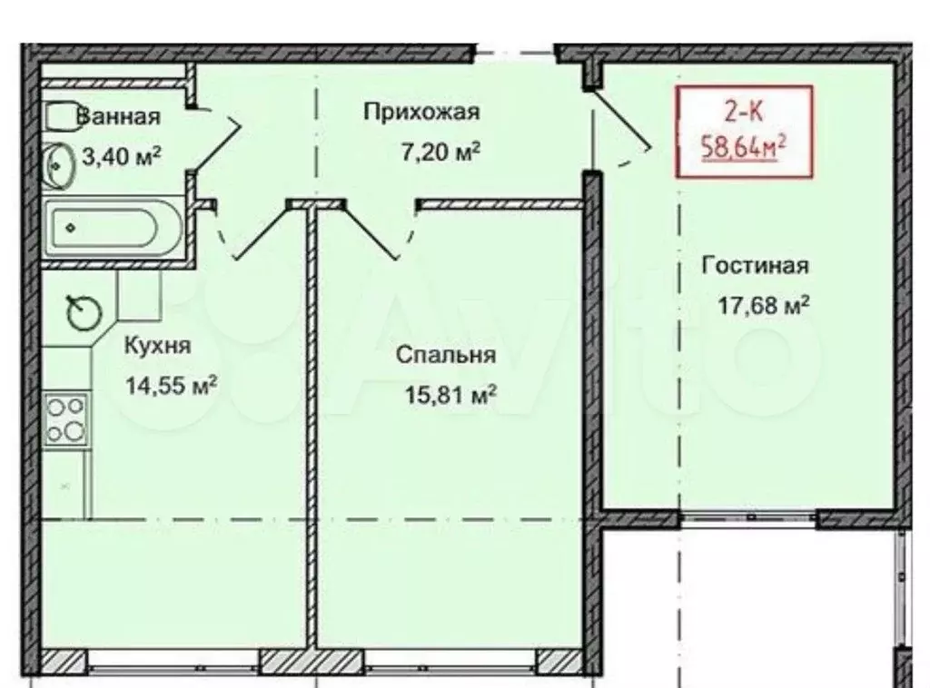 2-к. квартира, 58,6 м, 6/13 эт. - Фото 1
