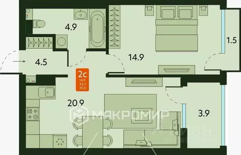 1-к кв. Новосибирская область, Новосибирск Тайгинская ул., 37 (50.0 м) - Фото 2