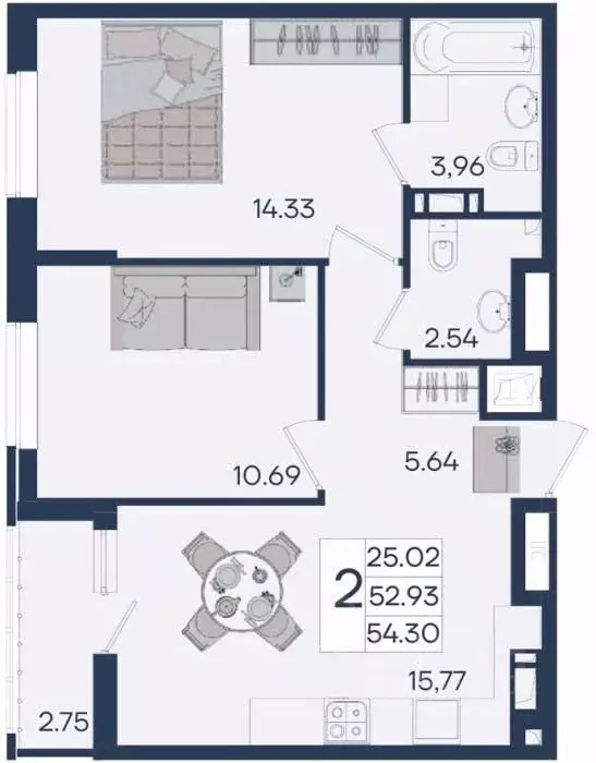 2-к кв. Краснодарский край, Краснодар  (54.3 м) - Фото 1