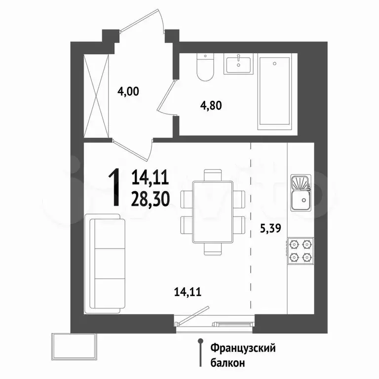 Квартира-студия, 28,7 м, 14/25 эт. - Фото 1