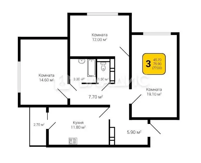 3-комнатная квартира: посёлок Отрадное, Фестивальная улица, 15 (77 м) - Фото 1