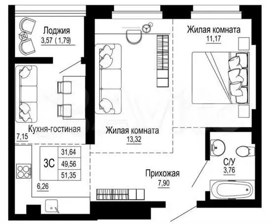 3-к. квартира, 54 м, 20/26 эт. - Фото 0