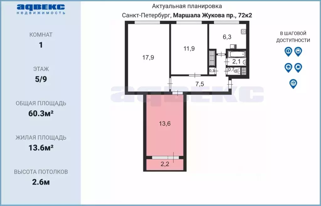 Комната Санкт-Петербург просп. Маршала Жукова, 72К2 (13.6 м) - Фото 1