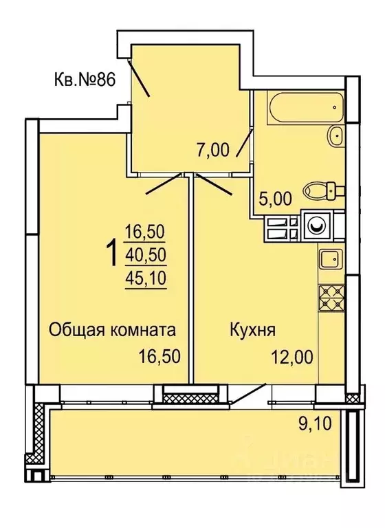 1-к кв. Тульская область, Тула ул. Седова, 20Г (45.1 м) - Фото 0