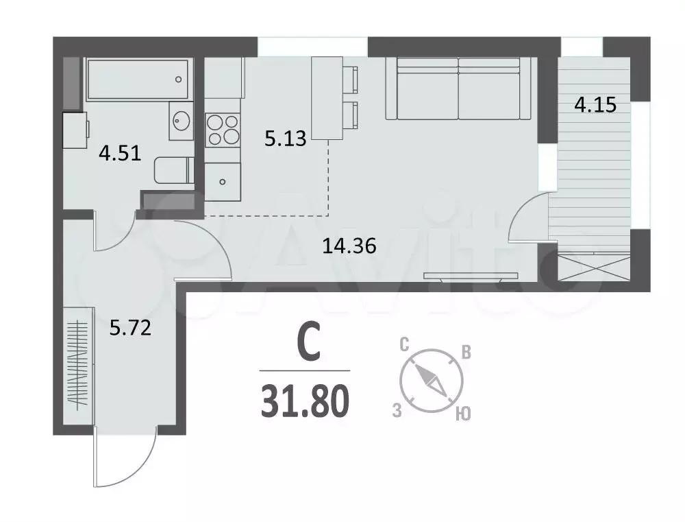 Квартира-студия, 31,8 м, 7/16 эт. - Фото 0