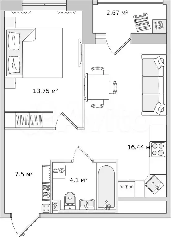 1-к. квартира, 44,5 м, 17/23 эт. - Фото 1