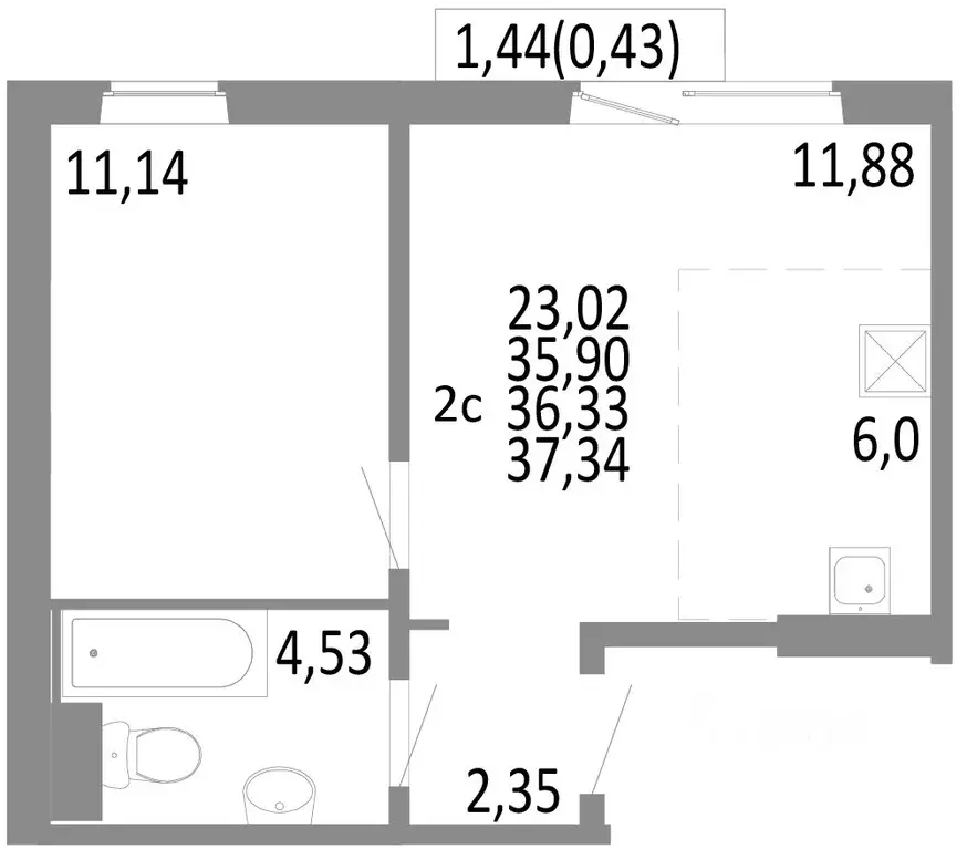 2-к кв. Челябинская область, Челябинск ул. Блюхера, 125В (36.33 м) - Фото 0