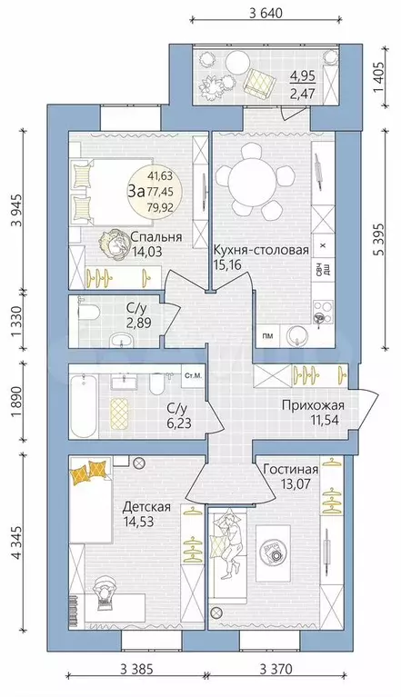3-к. квартира, 79,9 м, 15/16 эт. - Фото 0