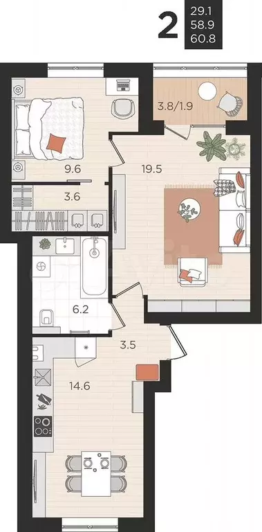 2-к. квартира, 58,9 м, 2/4 эт. - Фото 0