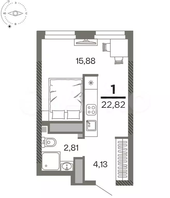1-к. квартира, 22,8 м, 11/26 эт. - Фото 1
