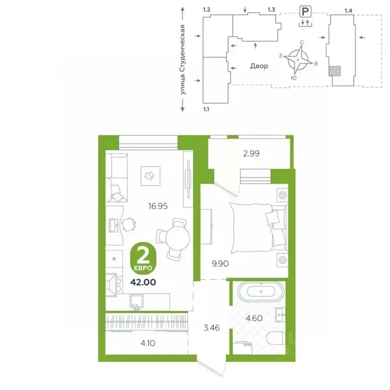 2-к кв. Свердловская область, Екатеринбург ул. Студенческая, 1Д (42.0 ... - Фото 0