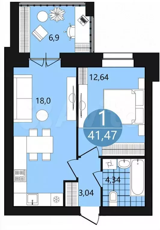 1-к. квартира, 41,5м, 2/9эт. - Фото 0