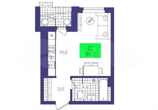 Квартира-студия, 30,7 м, 10/11 эт. - Фото 1