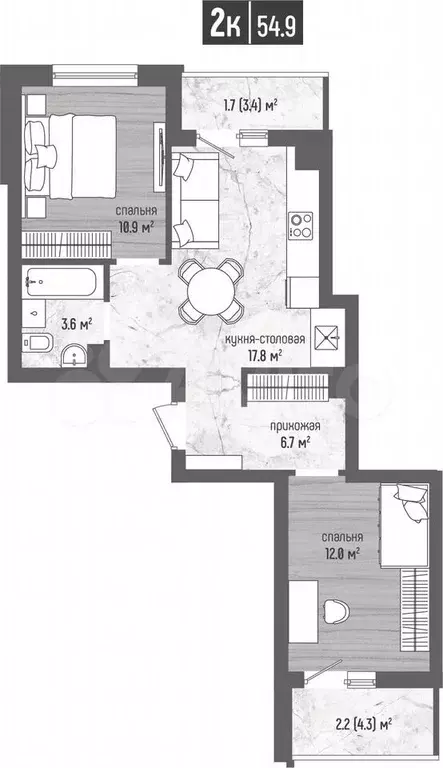 2-к. квартира, 54,9 м, 4/5 эт. - Фото 1