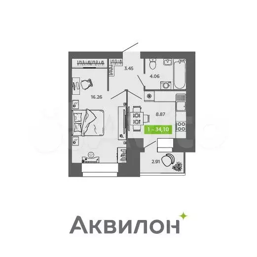 1-к. квартира, 34,1м, 5/9эт. - Фото 0