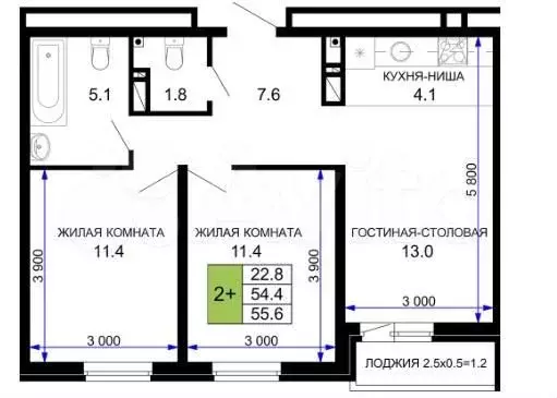 2-к. квартира, 55,6 м, 10/16 эт. - Фото 1